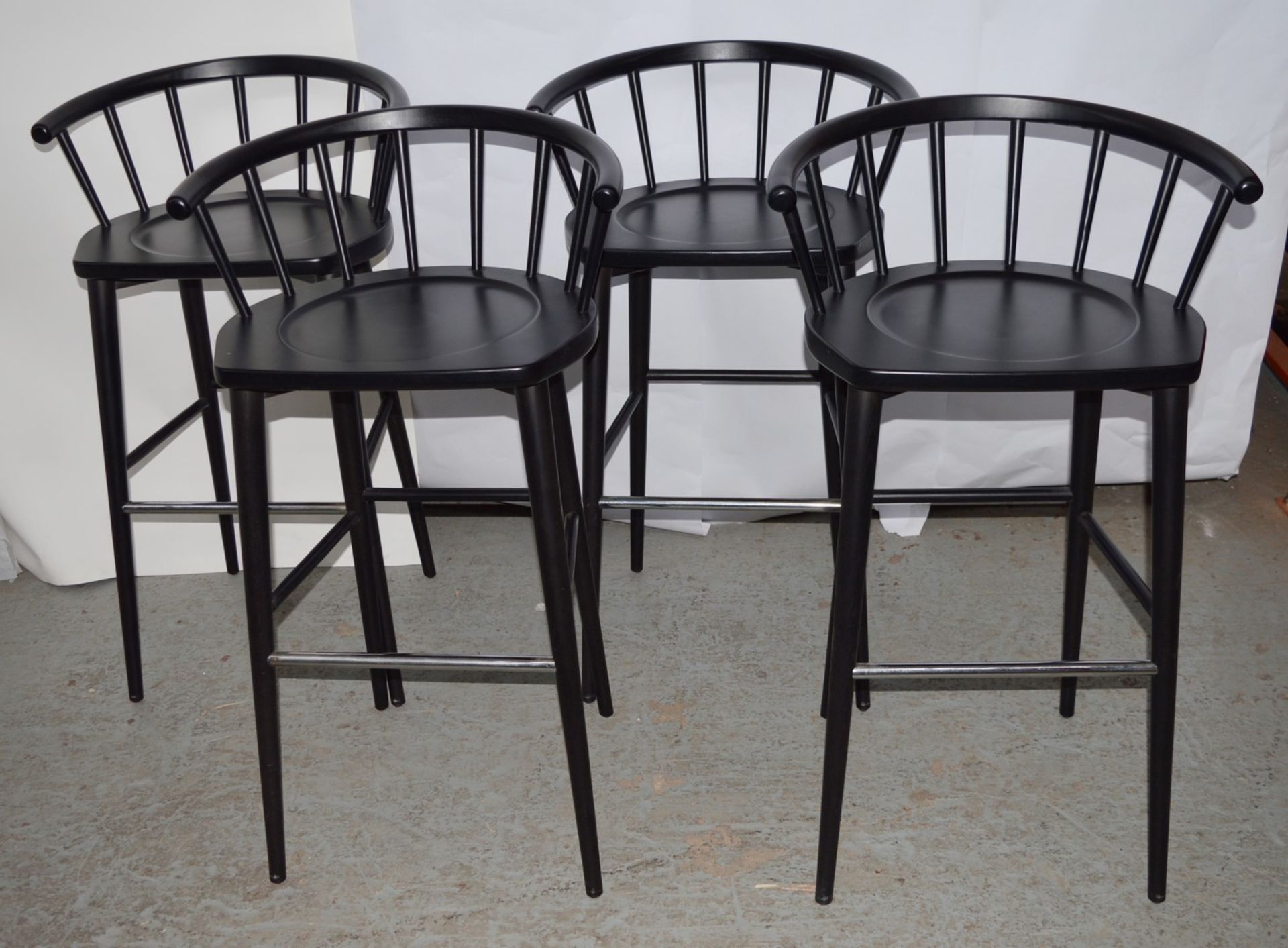 4 x Curved Spindleback Wooden Bar Stools With Shaped Seats and Dark Finish - Dimensions: H73 x W59 x - Image 2 of 10