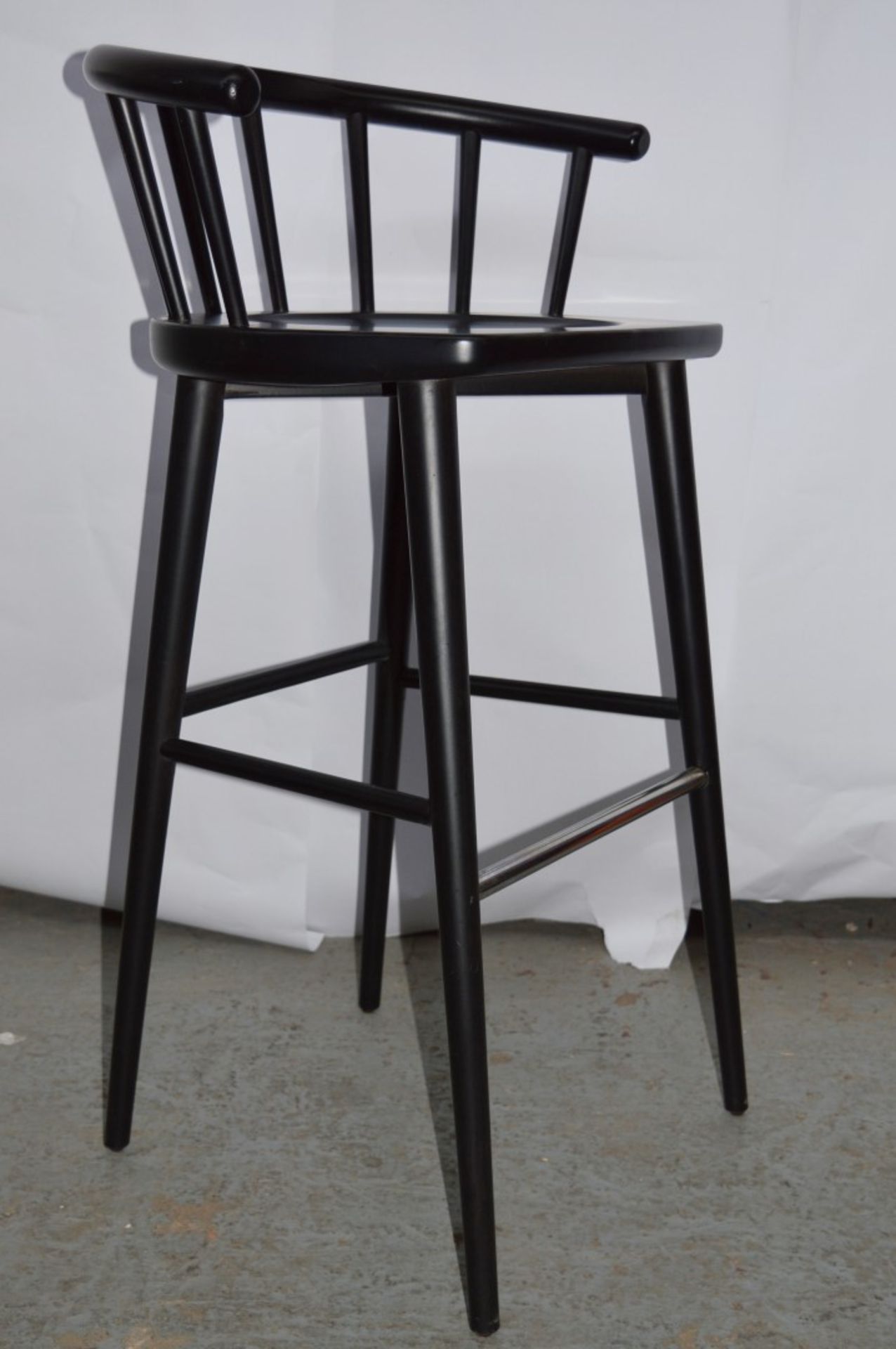 4 x Curved Spindleback Wooden Bar Stools With Shaped Seats and Dark Finish - Dimensions: H73 x W59 x - Image 8 of 10