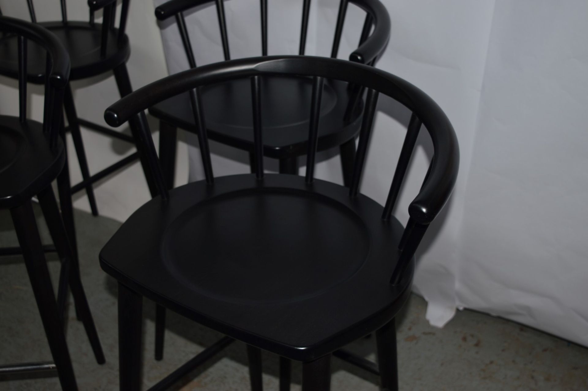 4 x Curved Spindleback Wooden Bar Stools With Shaped Seats and Dark Finish - Dimensions: H73 x W59 x - Image 4 of 10