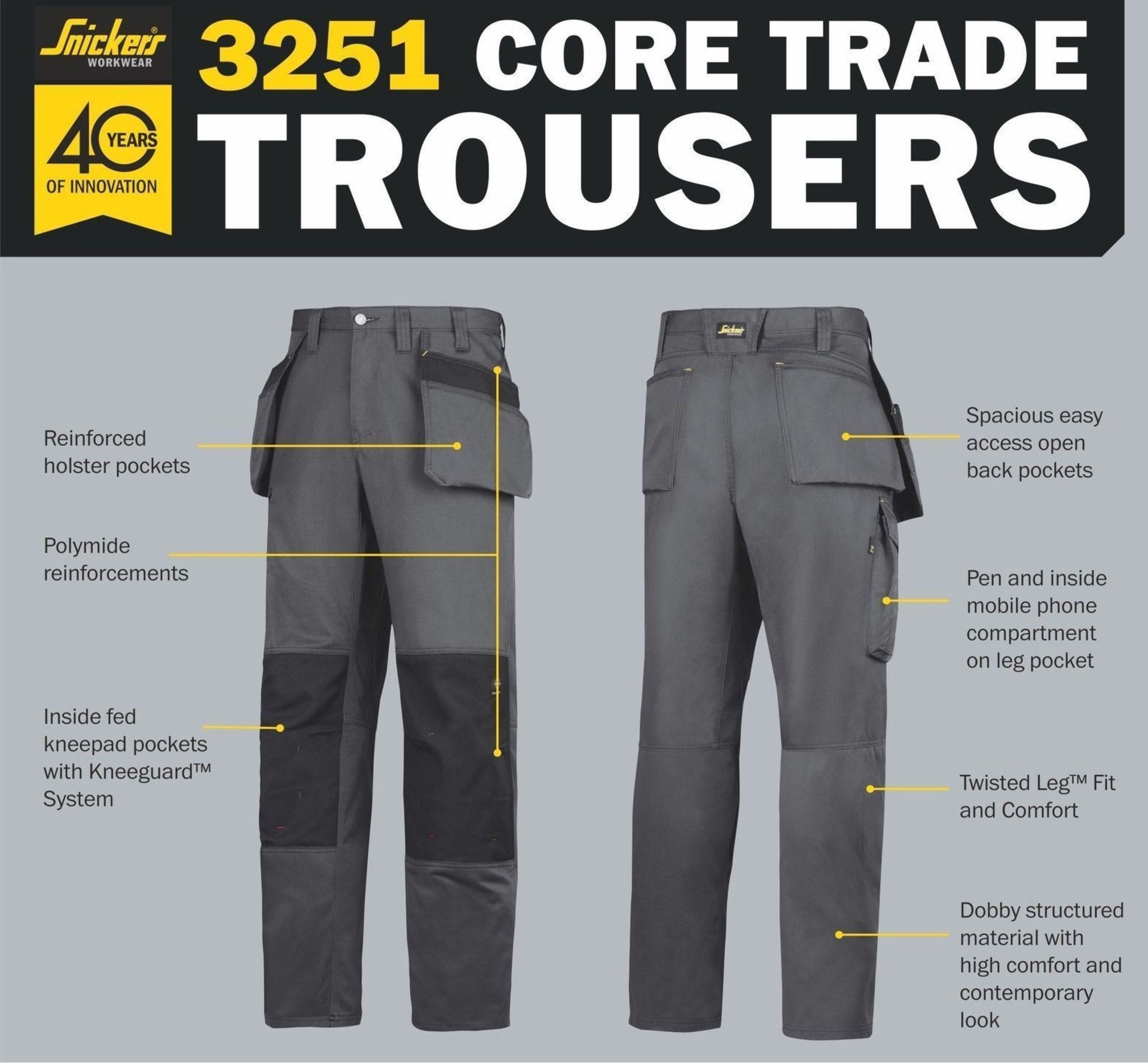 1 x Pair Of SNICKERS 3251 Core Trade Heavy Duty Trousers With Holster Pockets - Colour: Grey/Black - - Image 2 of 2