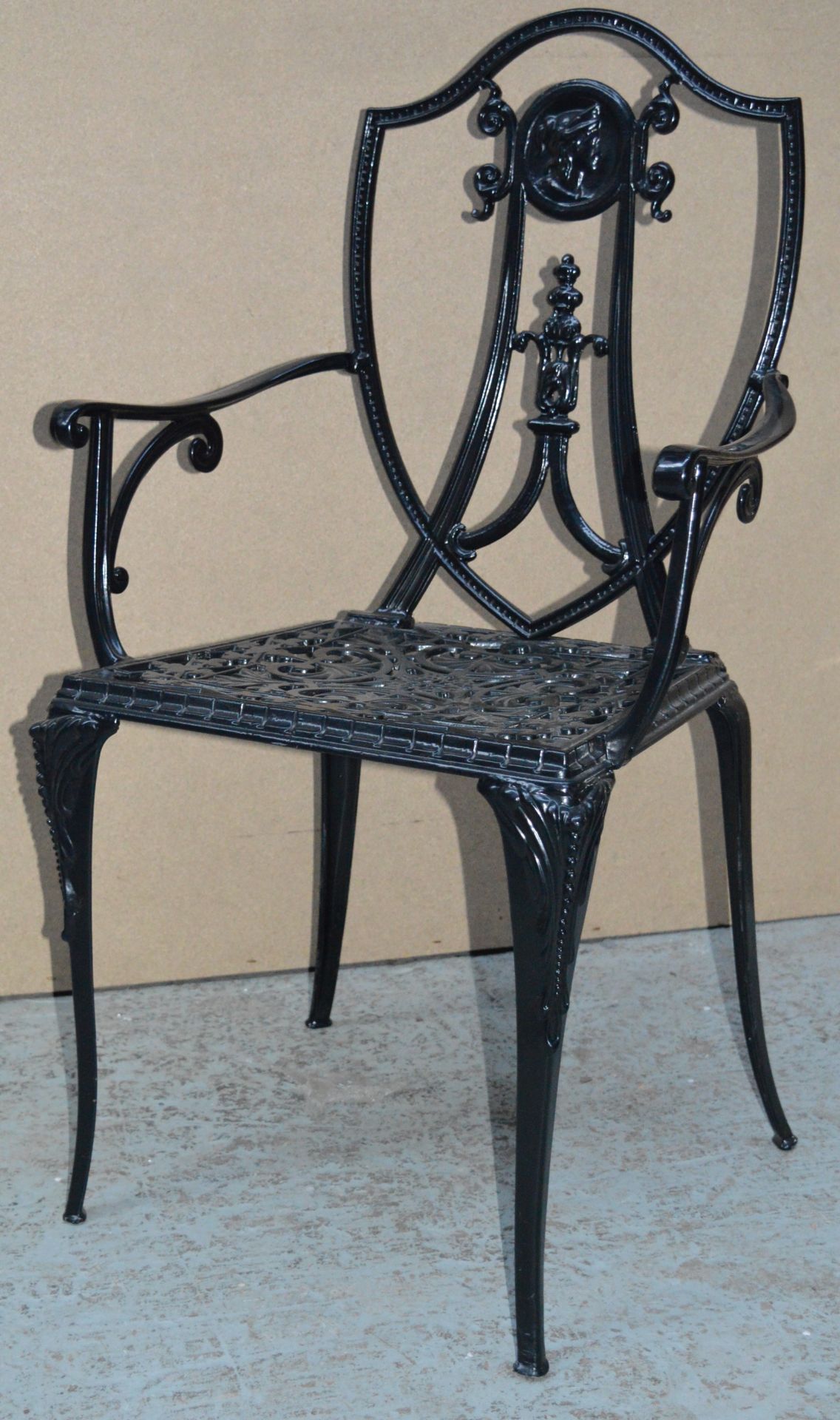 4 x Cast Metal Shield Back Restaurant Chairs - Suitable For Indoor or Outdoor Use - From Famous - Image 6 of 14