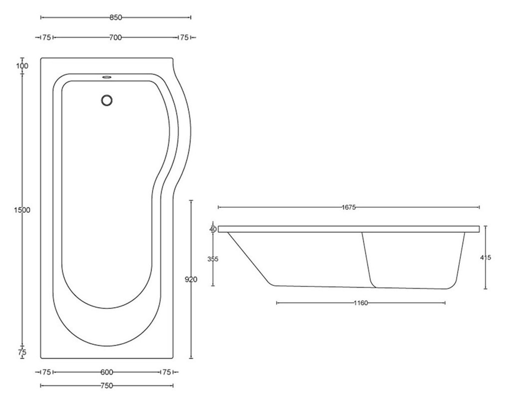 1 x Mode MAINE Left Handed P Shaped Shower Bath (AFI3800) - Dimensons: 1675 x 850 x H550mm - - Image 5 of 5