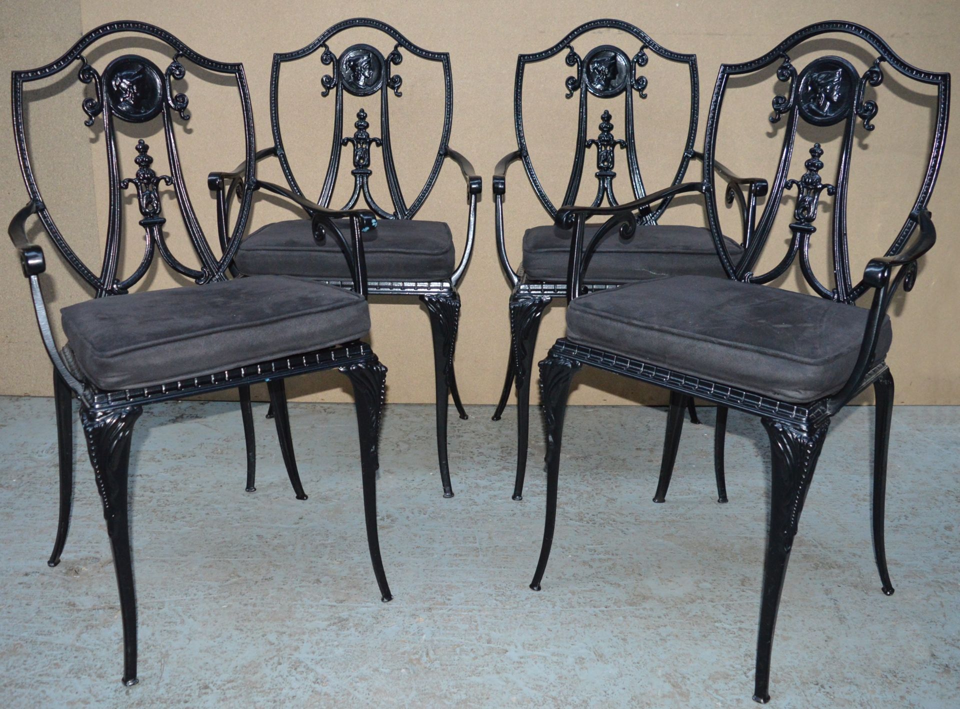 4 x Cast Metal Shield Back Restaurant Chairs - Suitable For Indoor or Outdoor Use - From Famous - Image 3 of 14