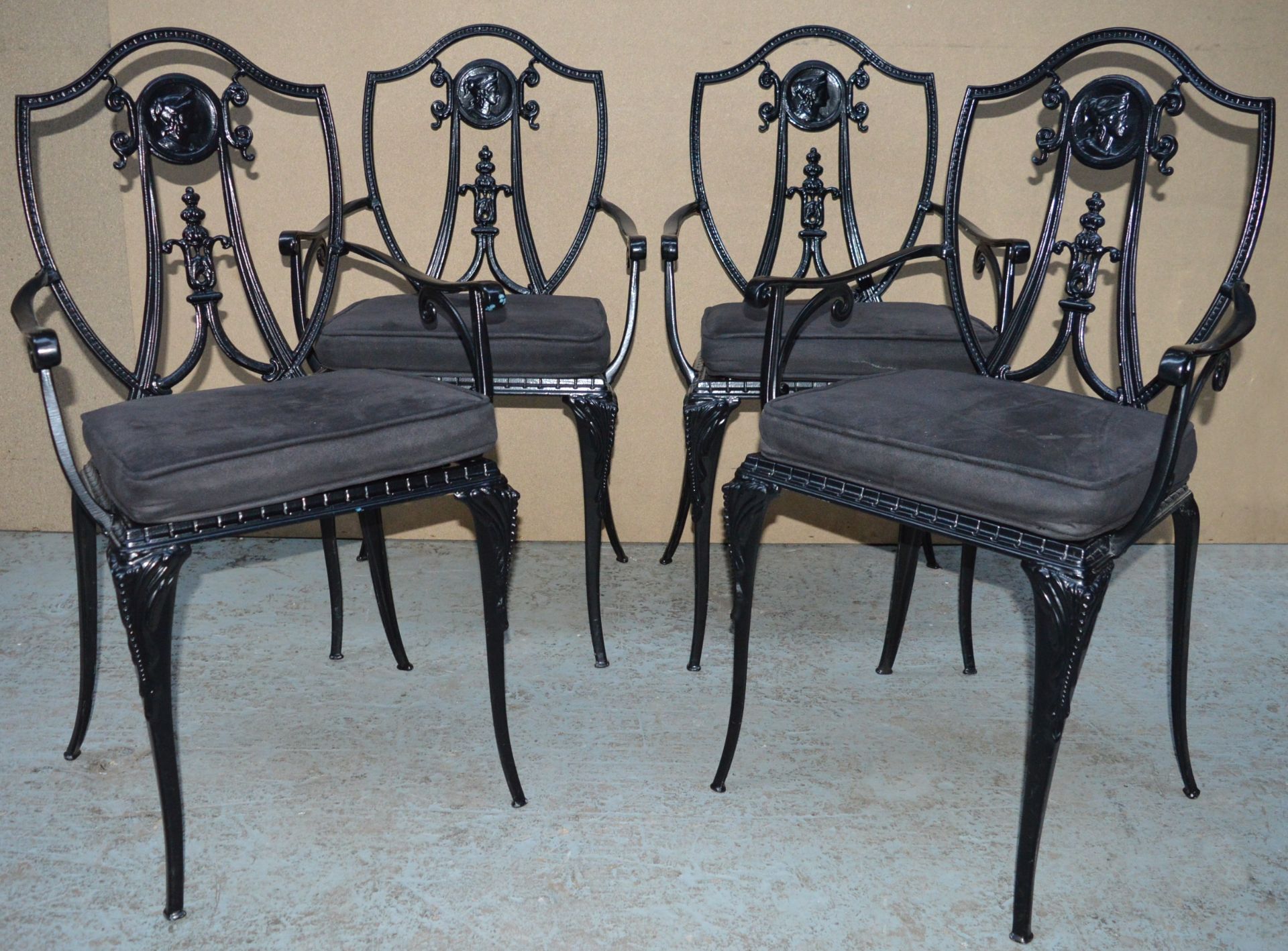 4 x Cast Metal Shield Back Restaurant Chairs - Suitable For Indoor or Outdoor Use - From Famous