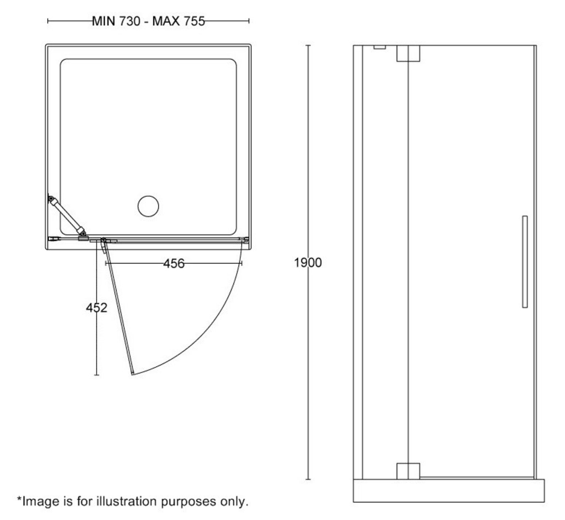 1 x Right Handed 800 Frameless Hinged Glass Shower Door (HDR8008) - Dimensions: 800 x 1900 x 8mm - - Image 3 of 4