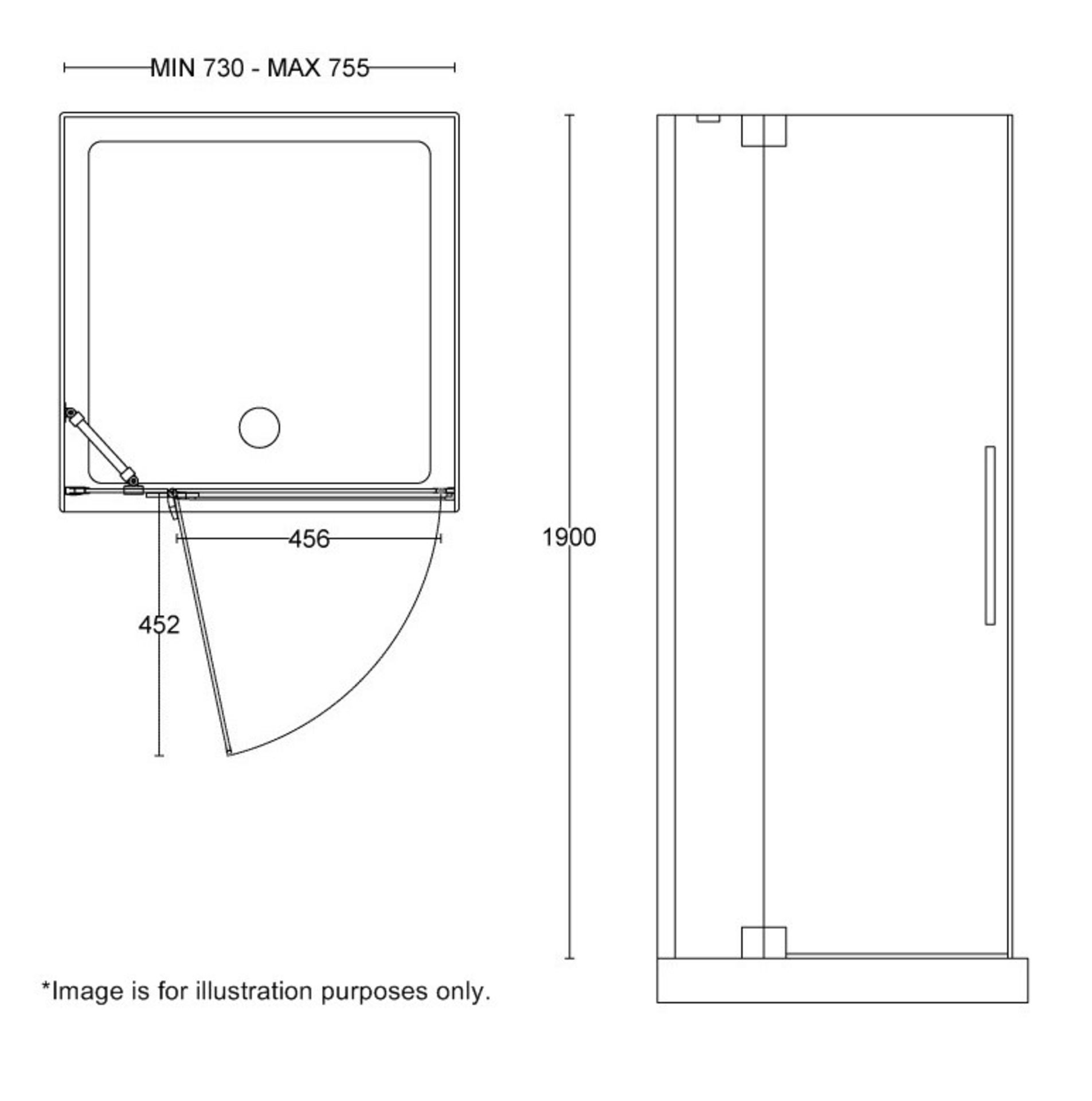 1 x Left Handed 760 Frameless Hinged Glass Shower Door (HDL7608) - Dimensions: 760 x 1900 x 8mm - - Image 5 of 5