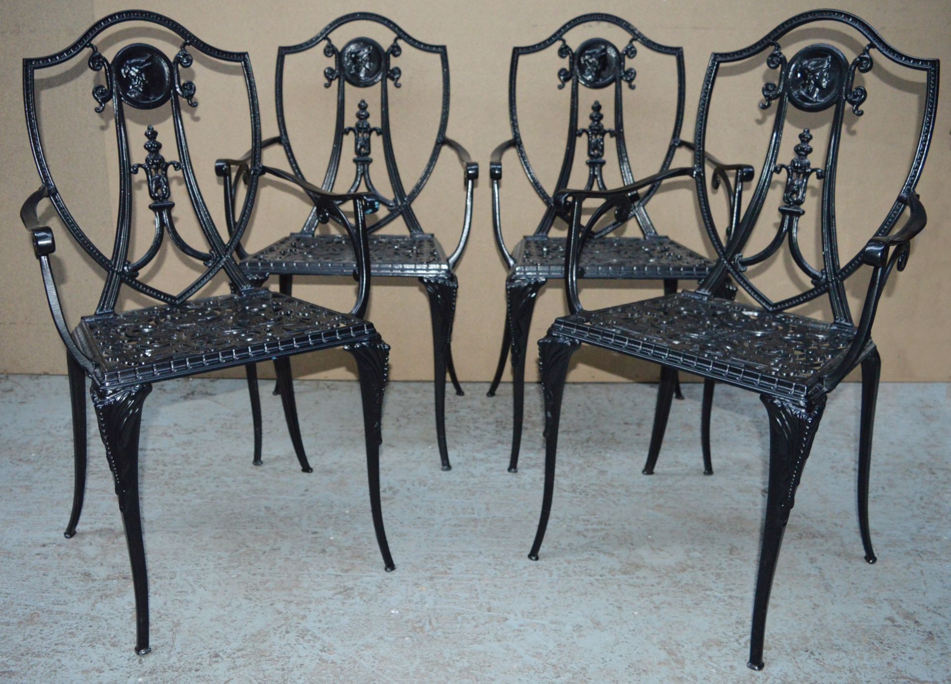 4 x Cast Metal Shield Back Restaurant Chairs - Suitable For Indoor or Outdoor Use - From Famous