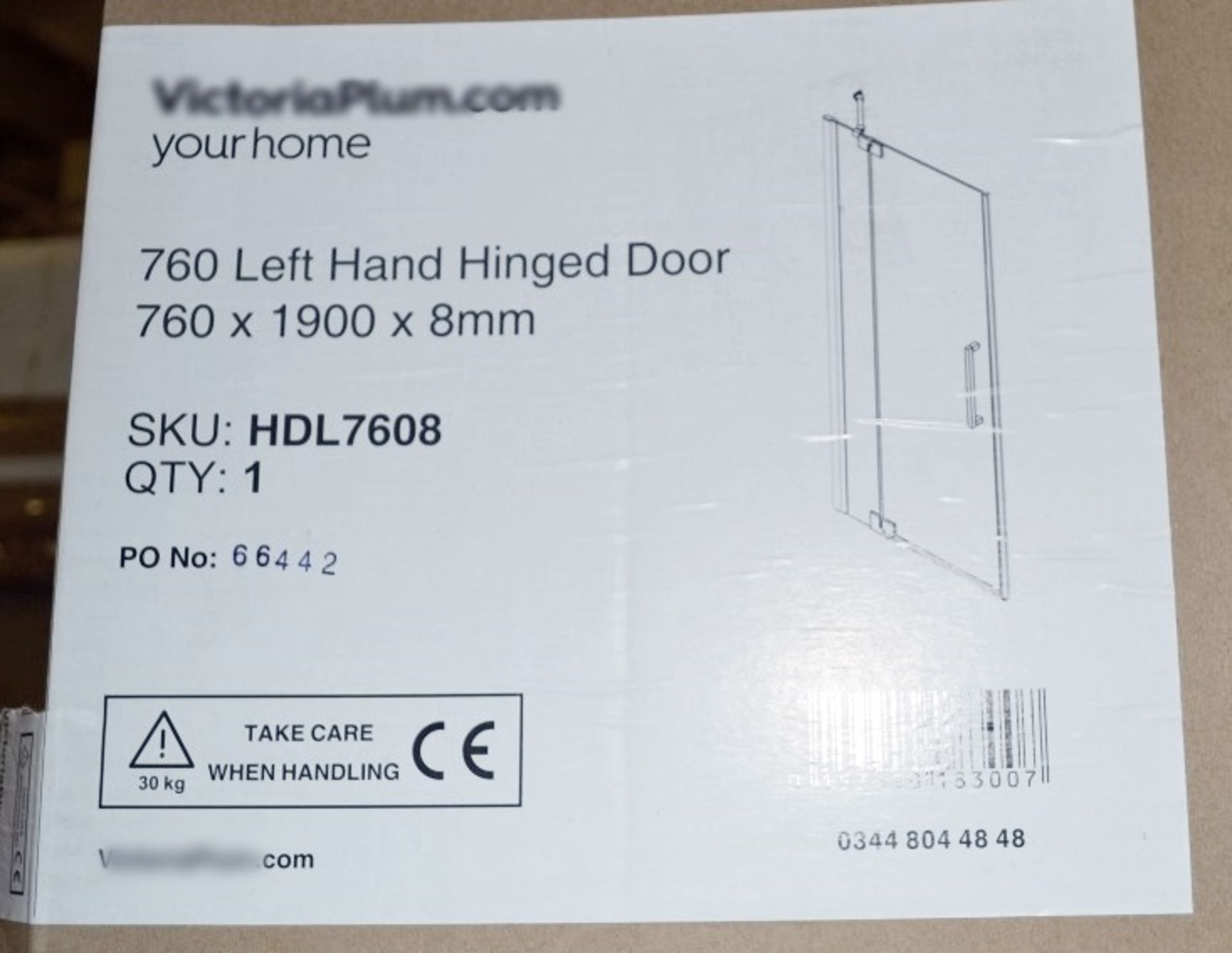 1 x Left Handed 760 Frameless Hinged Glass Shower Door (HDL7608) - Dimensions: 760 x 1900 x 8mm - - Image 3 of 5