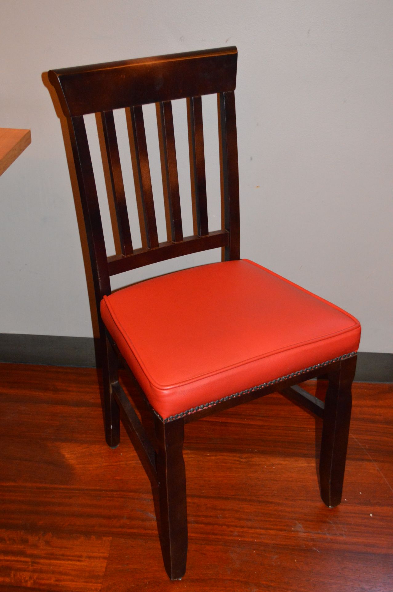 6 x High Back Dining Chairs With Red Leather Seat Cushions and Studded Detail - Hardwoord Frames -