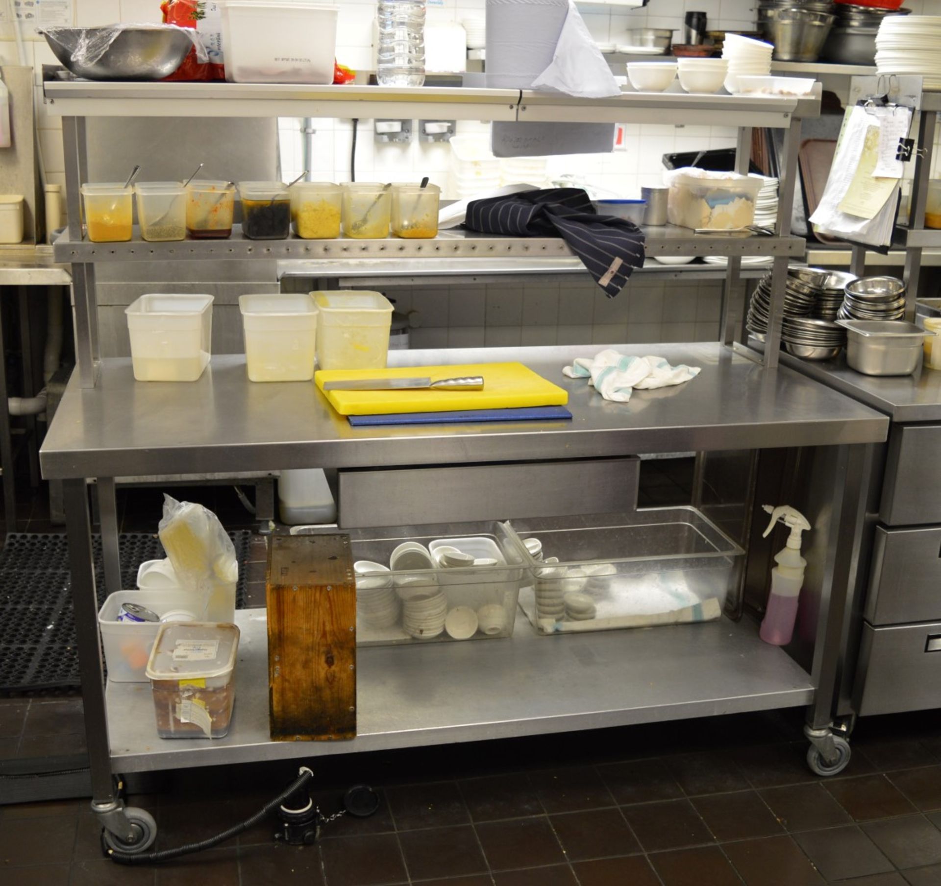 1 x Stainless Steel Prep Counter With Undershelf, Castors, Single Drawer and Two Tier Gantry With