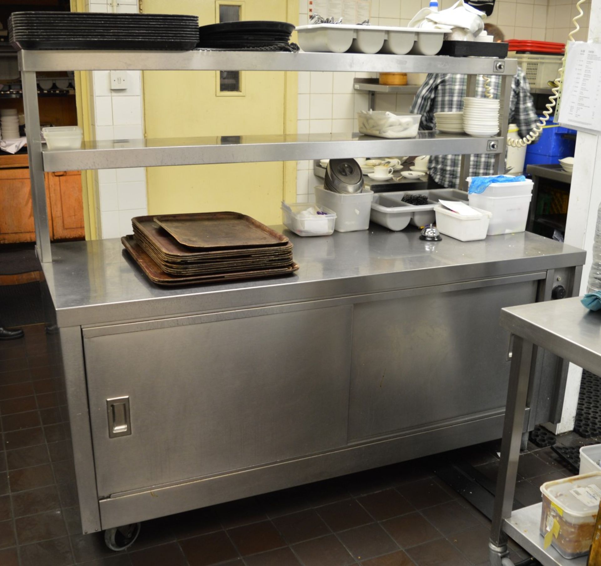 1 x Stainless Steel Prep Counter With Warming Cupboard, Castors and Two Tier Plate Gantry - H83/