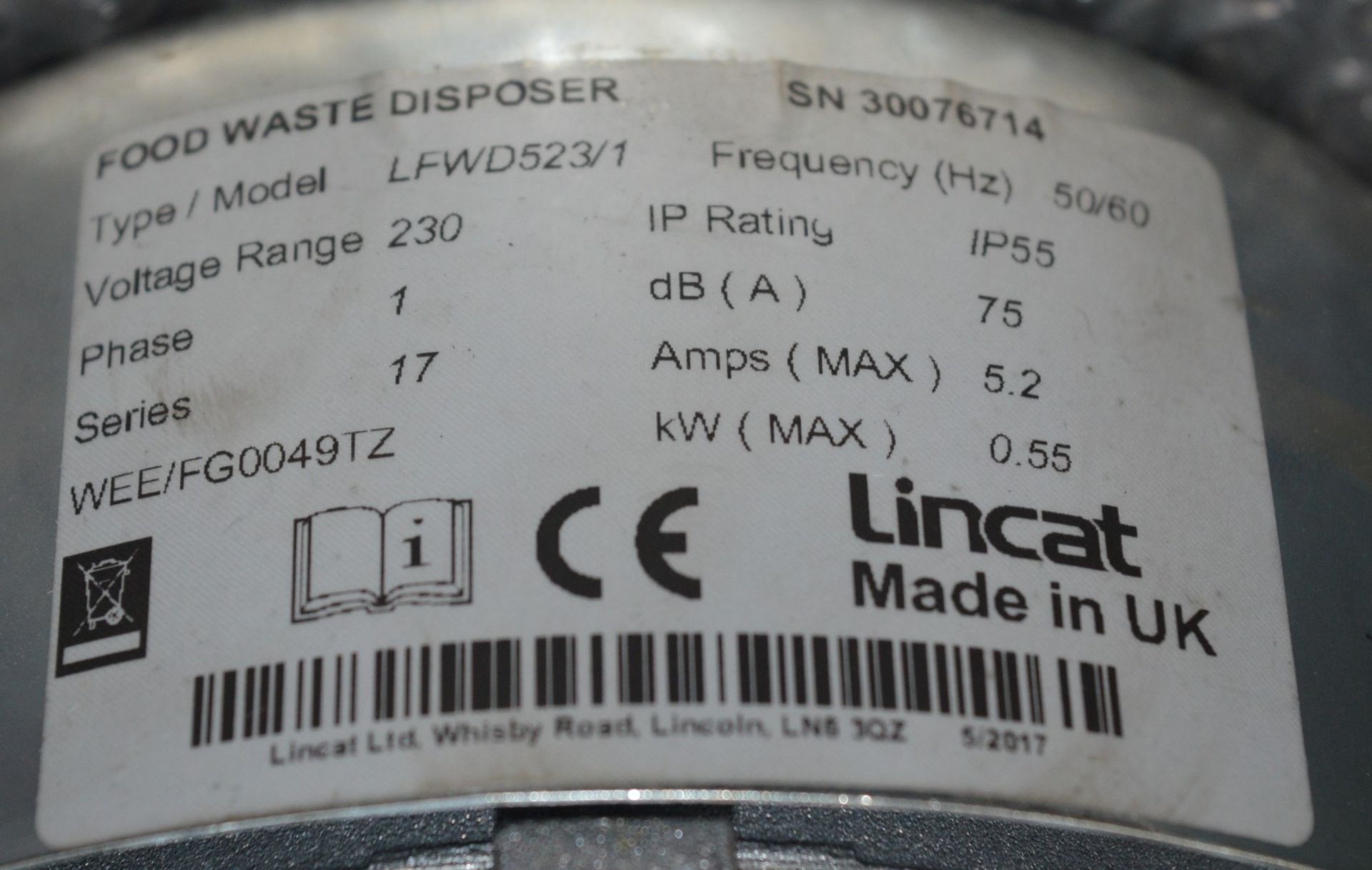 1 x Lincat Commercial Food Waste Disposer - Model LFWD523/1 - Undersink Mounted - Allows You to - Image 5 of 10