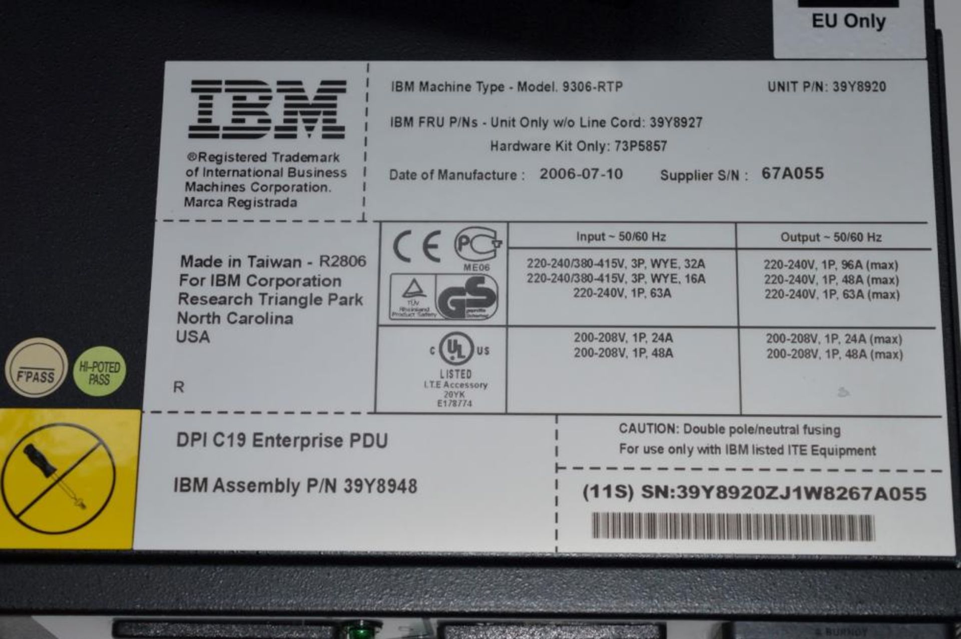 1 x IBM Enterprise Power Distribution Unit - Part Number 39Y8920 - Type 9306-RTP - Includes Power - Image 3 of 9