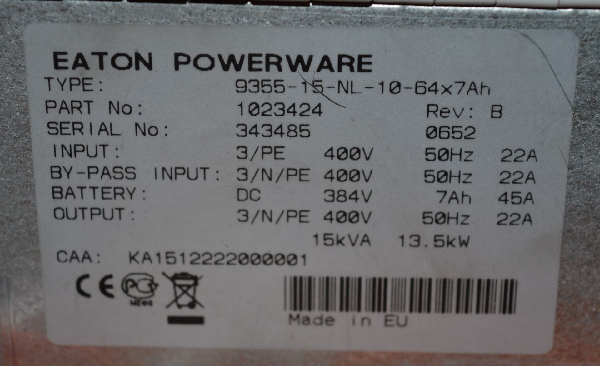 1 x Eaton Powerware 9355 3 Phase 15kVA UPS - 64x7Ah Batteries - CL400 - Part Number 1023424 - Ref - Image 3 of 6