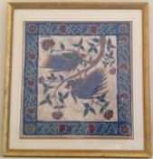 1 x Attractive Framed Bali Fabric Print Featuring Two Blue Exotic Birds - 57cm x 60cm (Framed) -