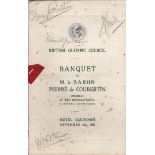 TENNIS: A printed 8vo menu for a banquet to Pierre de Coubertin