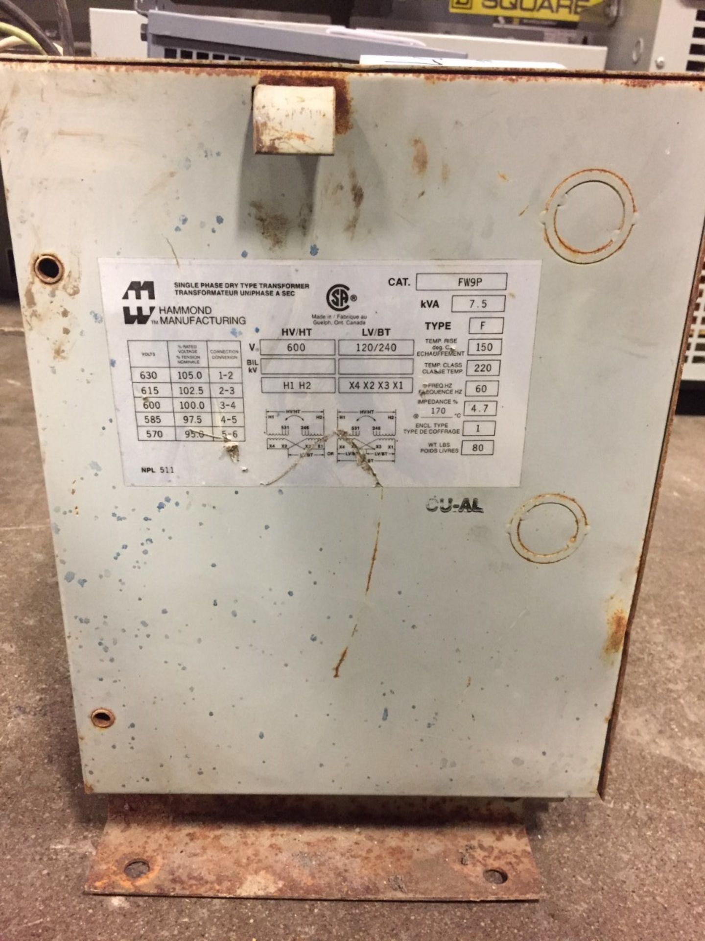 Transformer - Hammond - 7.5 KVA - 600-120/240 used dry type Cat# FW9P. IF REQUIRED wrapping add $ - Image 2 of 2