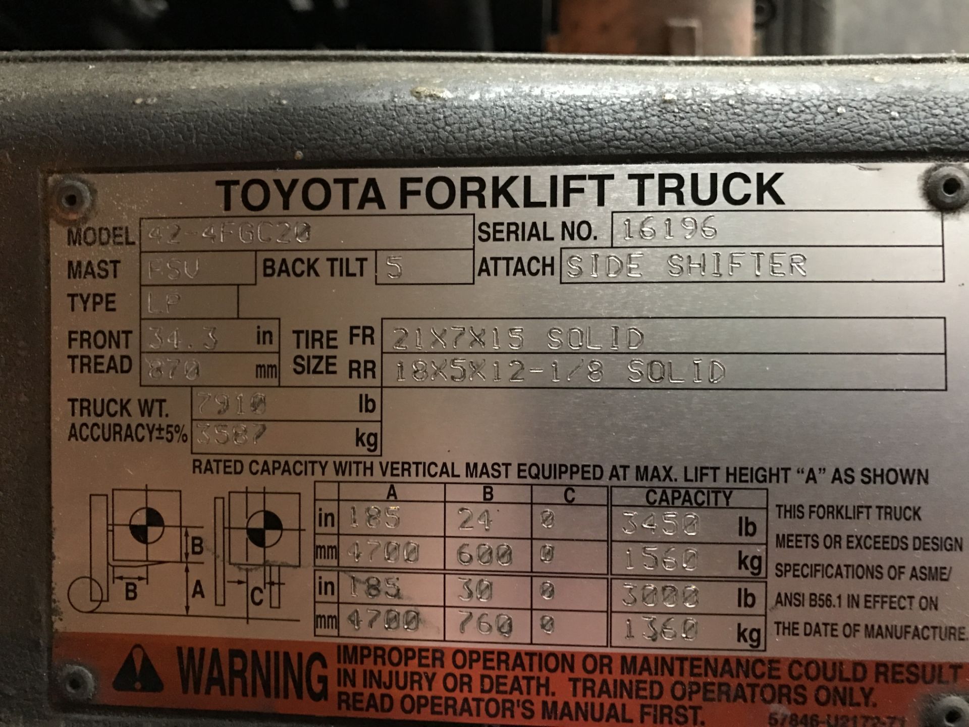 Fork Lift Truck, Toyota model 42-4FGC20, LP powered with side shift, three stage, 185" max. lift - Image 8 of 9