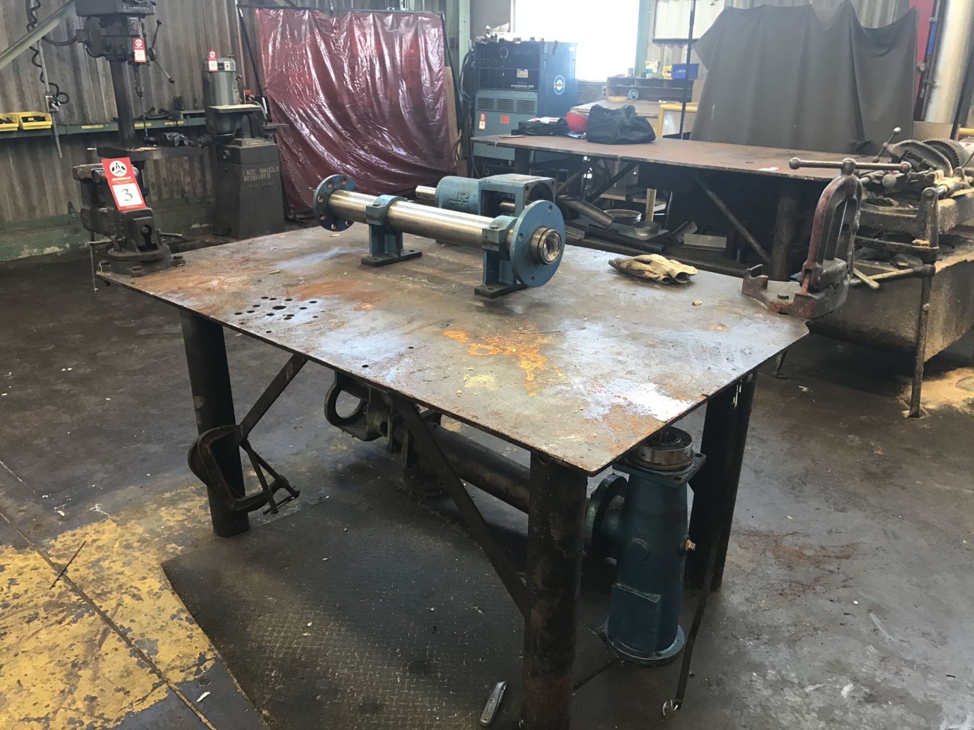 Steel Table, 70" x 48", 1/2" thick steel table with Yost 4 3/4" bench vise and Rigid Pipe clamp