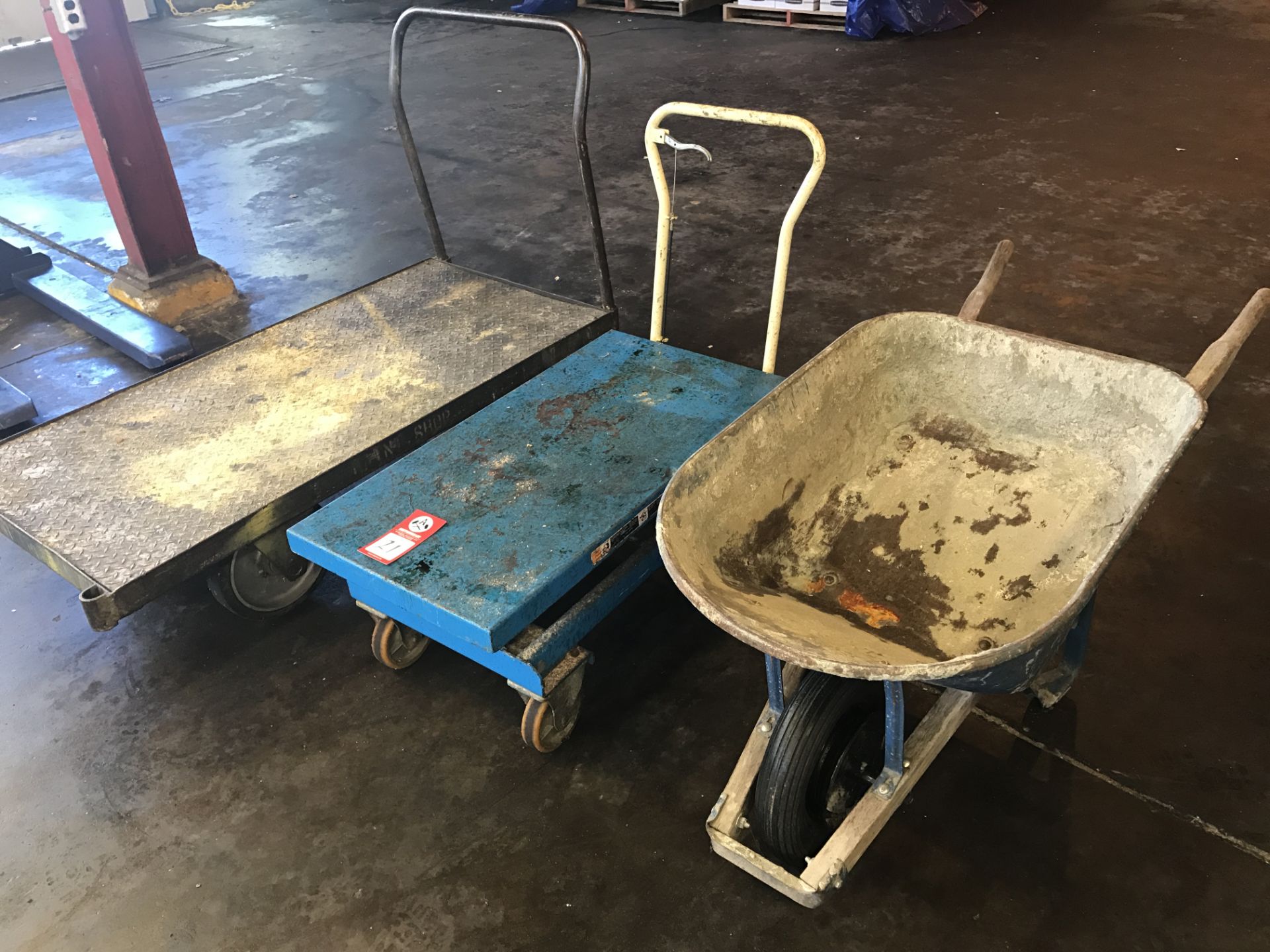 Lift Table Cart, Bishimon 40" x 20" lift table, 660 lbs. capacity, with steel shop cart and wheel
