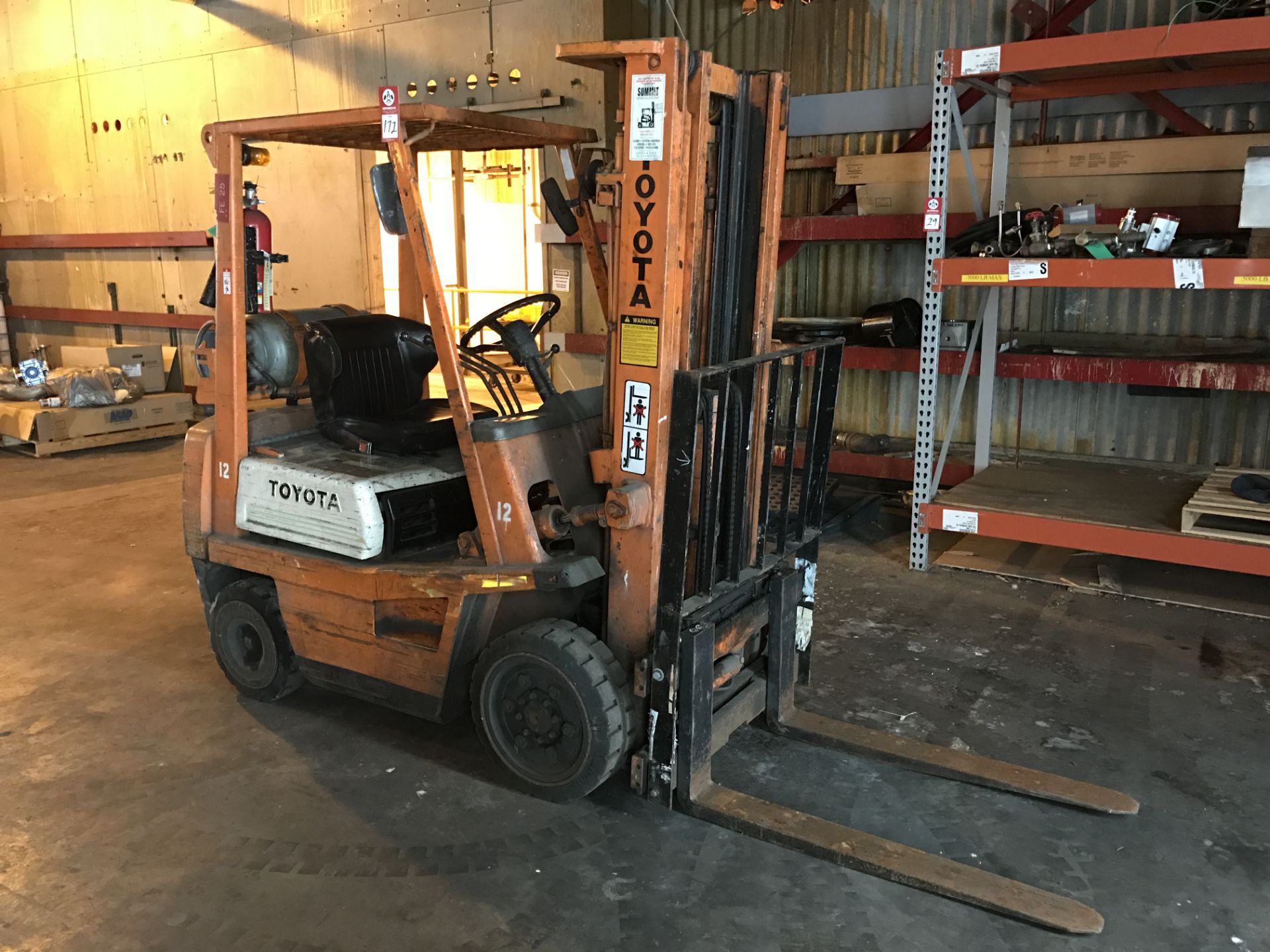 Fork Lift Truck, Toyota model 42-4FGC20, LP powered with side shift, three stage, 185" max. lift