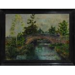 Ponte sul fiume, olio su tela, cm. 41x31, Scuola inglese firmato e datato 1924, cornice coeva