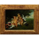 Putti gioiosi con frutta e colombi, olio su tela cm. 26x21 scuola Francese dell'800