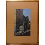 Scorcio di palazzo con scala, olio su cartoncino firmato Mattiello da Ischia? 1935, cm. 13x21