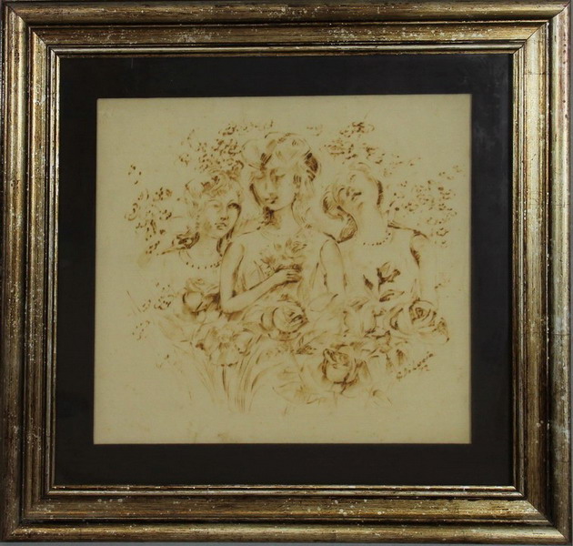 Le tre Flore, Di Lucia 1972, pirografia su velluto, 46 x 42 cm