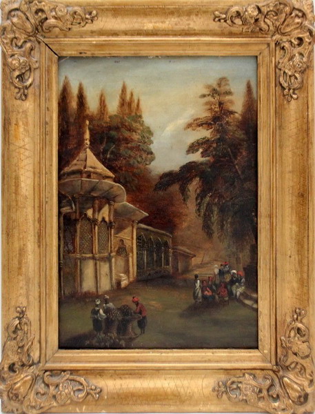 Paesaggio orientale con figure, olio su cartoncino cm. 28x36, cornice coeva