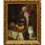 Natura morta con rose e gatto, firma illeggibile, olio su tela, fine' 800 cm. 53x66