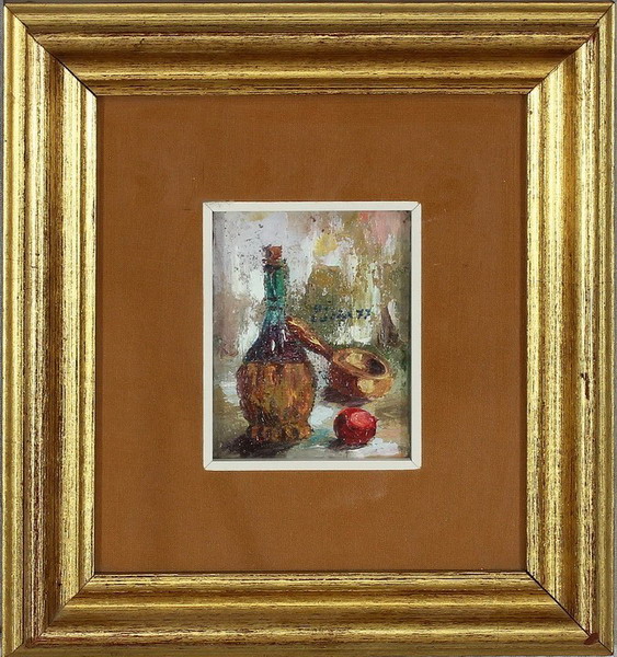 Natura morta con fiasco e frutta, 1977, olio, 7 x 9 cm