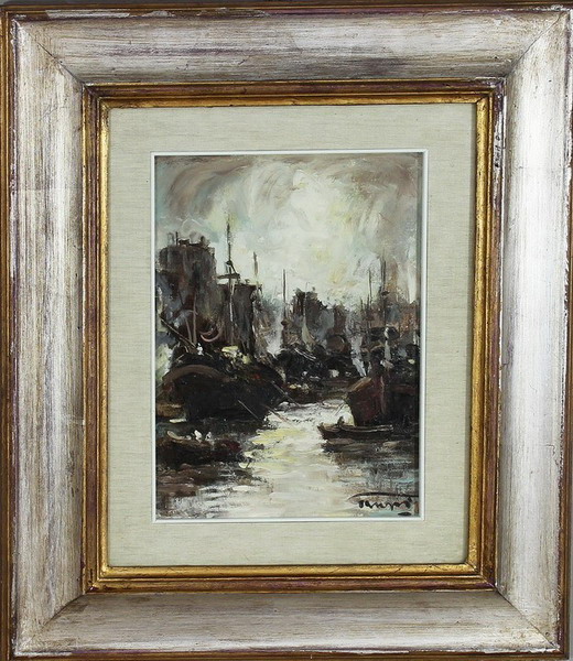 Paesaggio marino con velieri, settembre 1972, Luciano Gaiozzi, Montecatini, olio, 34 x 24 cm