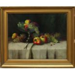 Natura morta con uva e mele, firmato Nandary S, olio su tela primi '900 cm. 60x50