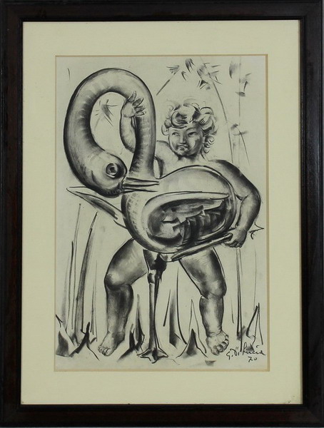 Bambino con cigno (Castore o Polluce?), Giovanni Di Lucia 1970, carboncino su cartoncino, 48,5 x