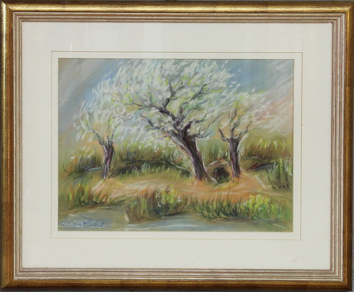 Primavera, alberi fioriti, Lucia Zelati, pastello a olio, 38 x 28,5 cm
