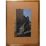Scorcio di palazzo con scala, olio su cartoncino firmato Mattiello da Ischia? 1935, cm. 13x21