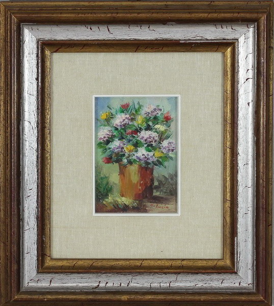 Ortensie e fiori, Pietro Di Lucia 1979, olio, 13,5 x 32,5 cm