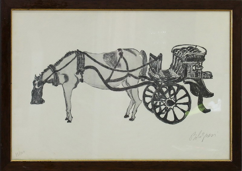 Cavallo con carretto, Bolognesi 1971, acquaforte, 39,5 x 59 cm