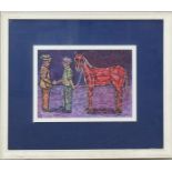 Mercanti di cavalli (il contratto), P. Grandi, pittore Naif di Suzzara 1969, olio su tela, 18 x 25