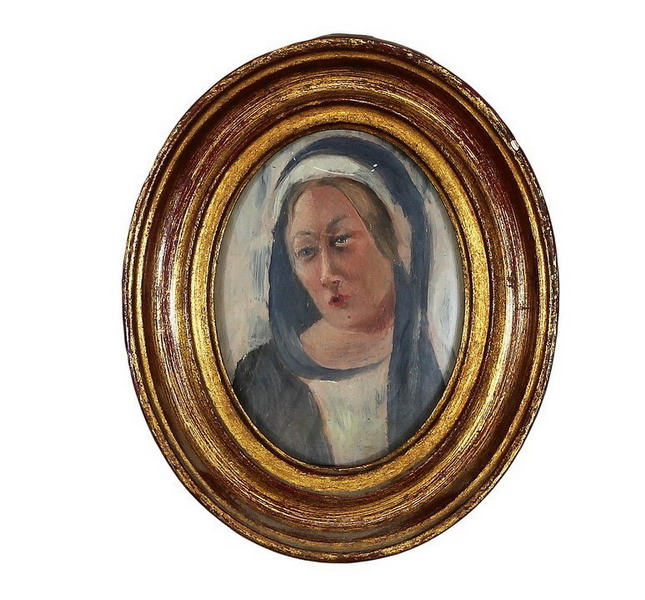 Madonna con manto, Peppino Giovetti 1970, olio, 11 x 8 cm (ovale)