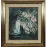 Gatto con fiori, Lucia Zelati 1972, olio su tela, 69 x 59 cm
