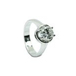 Anello in oro bianco 18 Kt, gr. 6, solitario con diamante certificato ct. 1,618, purezza VVS1, H