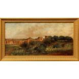 Paesaggio con rovine, olio su tela applicato su tavoletta, G. Chierici 1888 cm. 39x19