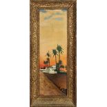 Paesaggio orientale, R. Casoni, olio su faesite cm. 22x60 anni 20/30 cornice coeva