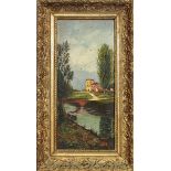 Paesaggio fluviale, R. Casoni, olio su tavoletta, cm. 22x48 primi '900 cornice coeva