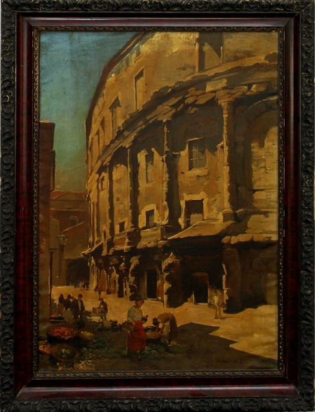 Teatro di Marcello Roma, olio su tela cm. 50x70, cornice coeva fine '800