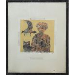 Uomo gatto e colombo, tecnica mista su carta cm.23x23 Saleni.