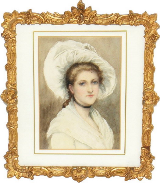 Ritratto di giovane donna, acquerello su carta fine '800 inizi 900, cm. 15x22,5, cornice coeva