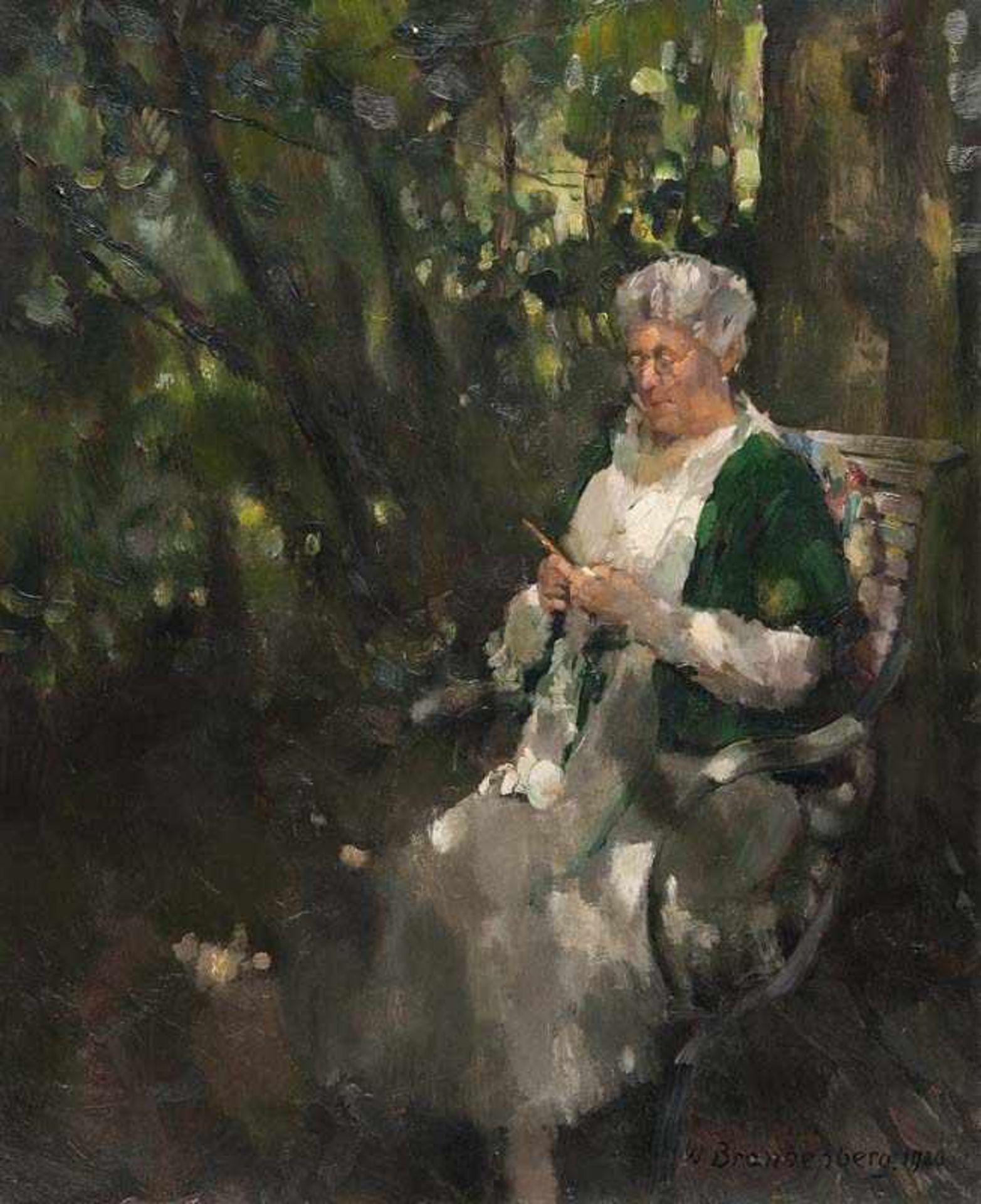 Brandenberg, Ludger Wilhelm. (1889 Essen - 1975 Krefeld). o.T. (Strickende Frau im Garten). 1926. Öl